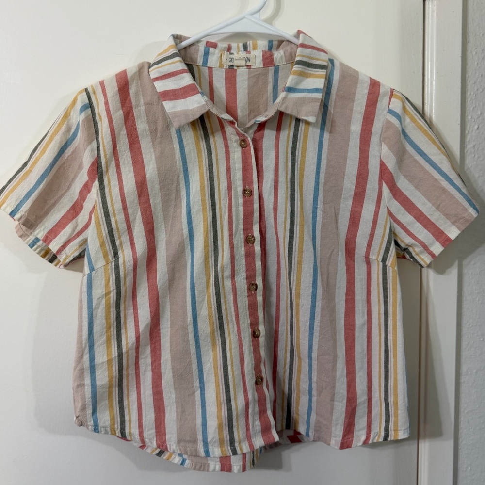 Sky and Sparrow Striped Button Down Cropped Short Sleeve Shirt